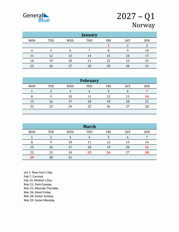 Three-Month Planner for Q1 2027 with Holidays - Norway