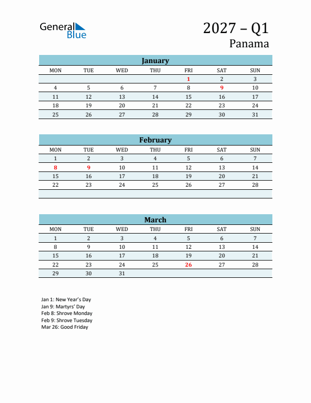 Three-Month Planner for Q1 2027 with Holidays - Panama