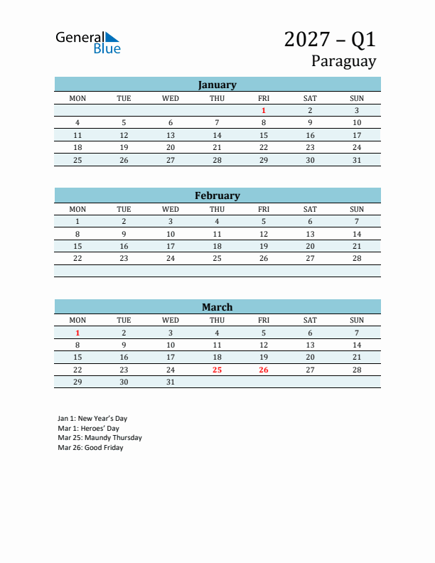 Three-Month Planner for Q1 2027 with Holidays - Paraguay