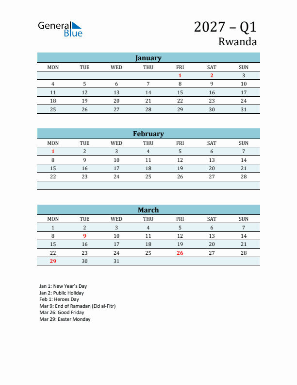 Three-Month Planner for Q1 2027 with Holidays - Rwanda