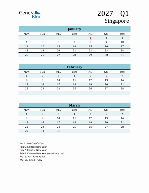 Three-Month Planner for Q1 2027 with Holidays - Singapore