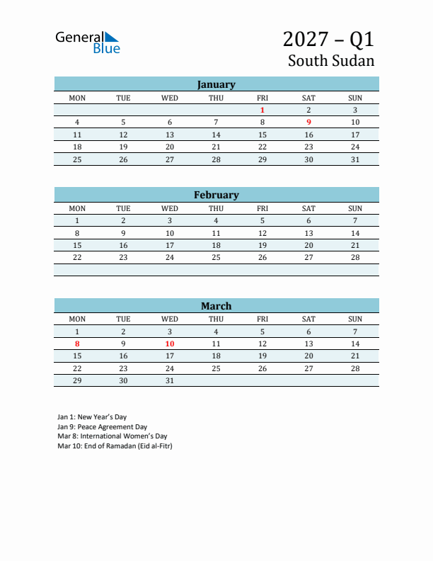 Three-Month Planner for Q1 2027 with Holidays - South Sudan