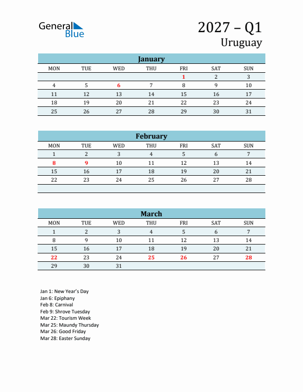 Three-Month Planner for Q1 2027 with Holidays - Uruguay