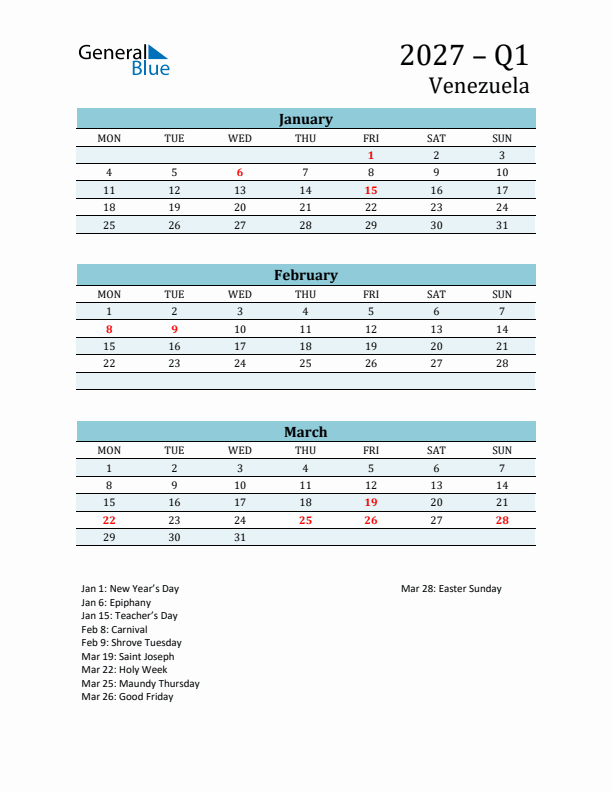 Three-Month Planner for Q1 2027 with Holidays - Venezuela