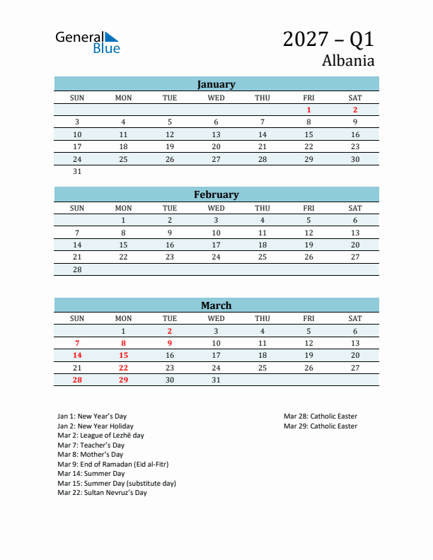Three-Month Planner for Q1 2027 with Holidays - Albania