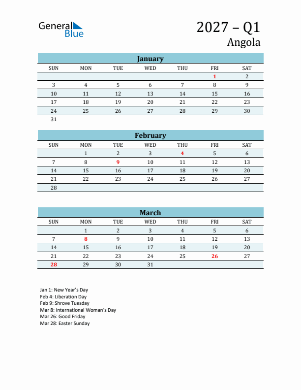 Three-Month Planner for Q1 2027 with Holidays - Angola