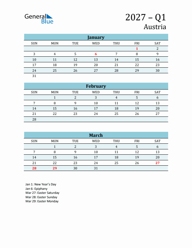 Three-Month Planner for Q1 2027 with Holidays - Austria