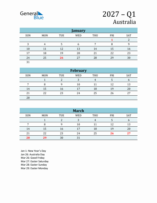 Three-Month Planner for Q1 2027 with Holidays - Australia