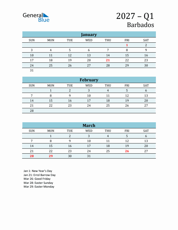 Three-Month Planner for Q1 2027 with Holidays - Barbados