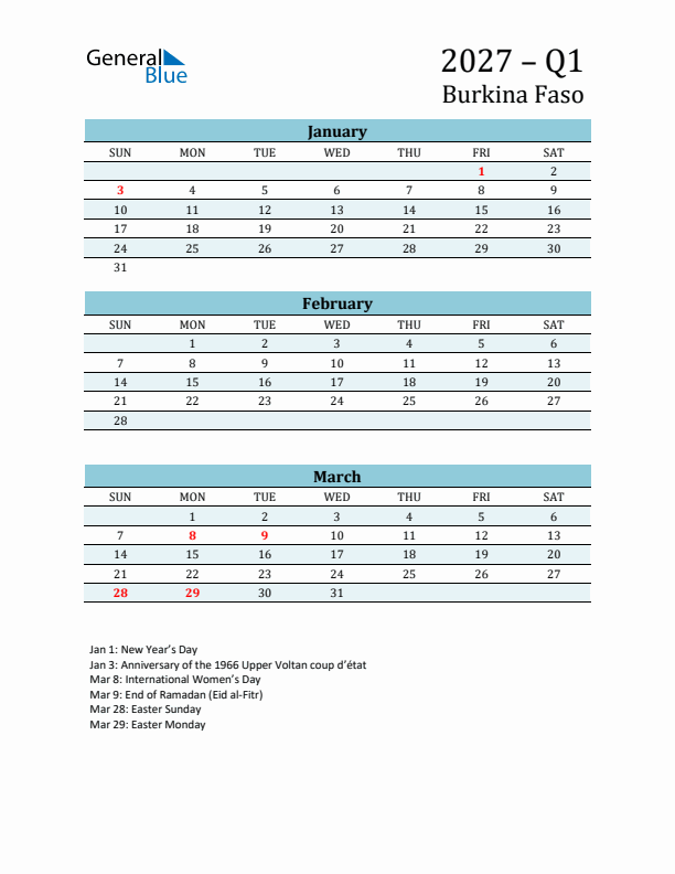 Three-Month Planner for Q1 2027 with Holidays - Burkina Faso