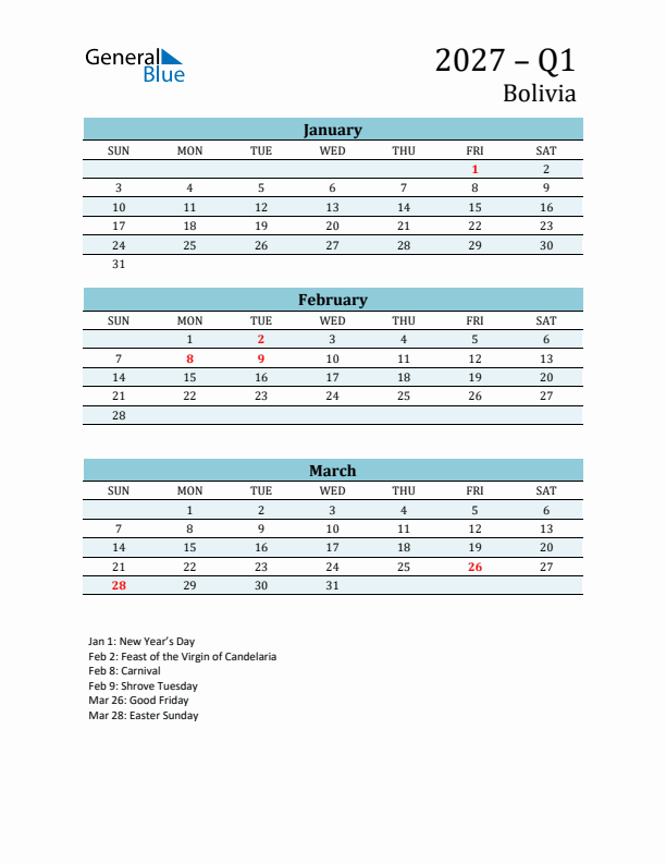 Three-Month Planner for Q1 2027 with Holidays - Bolivia