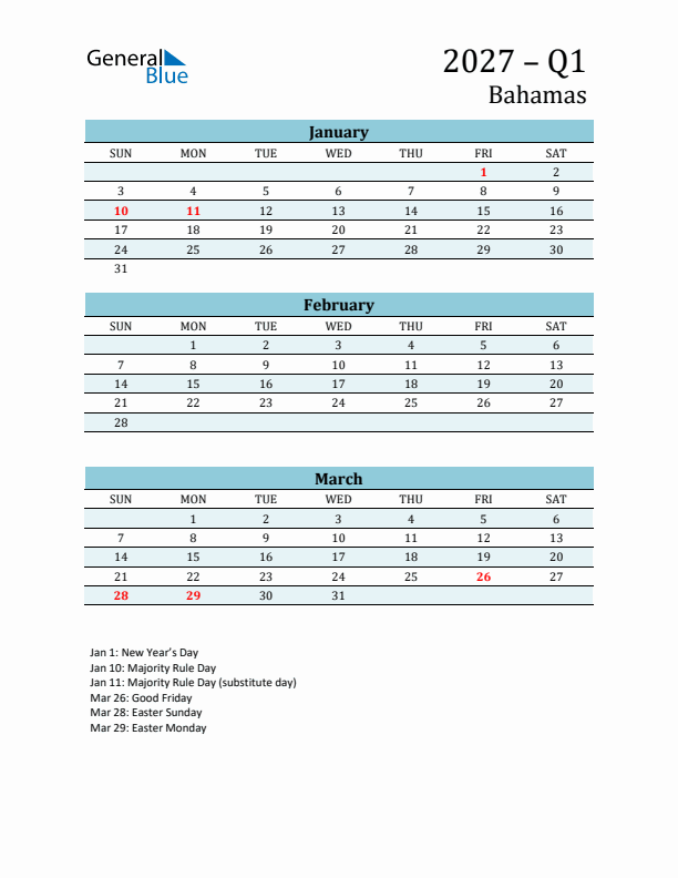Three-Month Planner for Q1 2027 with Holidays - Bahamas