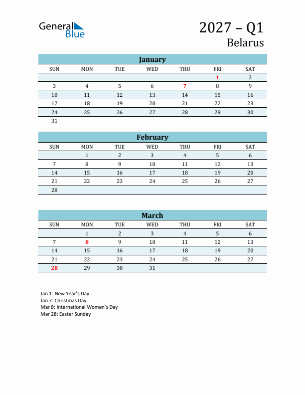 Three-Month Planner for Q1 2027 with Holidays - Belarus