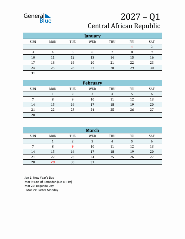 Three-Month Planner for Q1 2027 with Holidays - Central African Republic