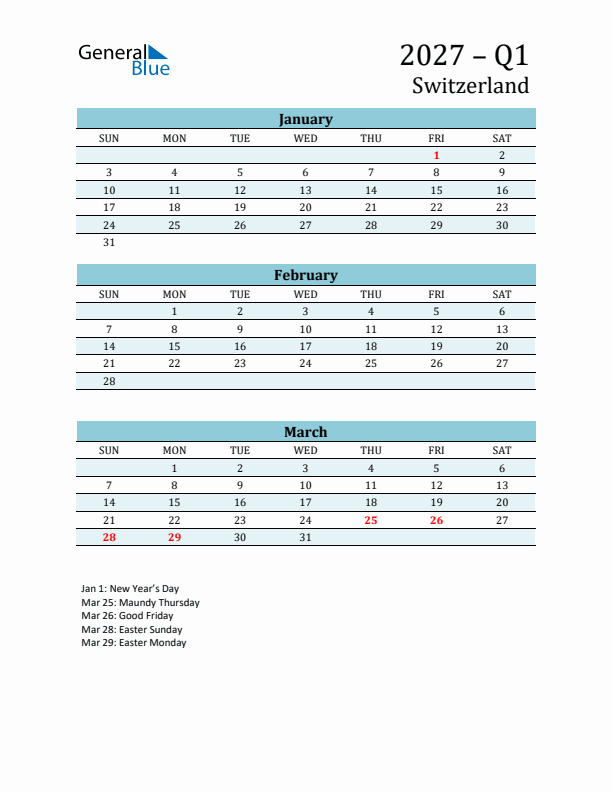 Three-Month Planner for Q1 2027 with Holidays - Switzerland