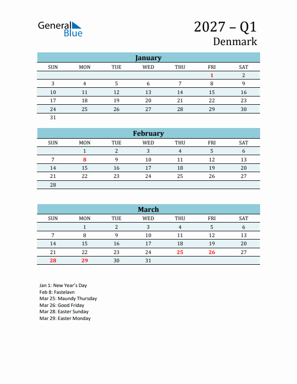 Three-Month Planner for Q1 2027 with Holidays - Denmark