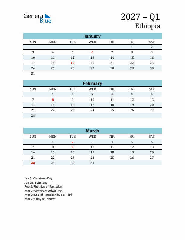 Three-Month Planner for Q1 2027 with Holidays - Ethiopia
