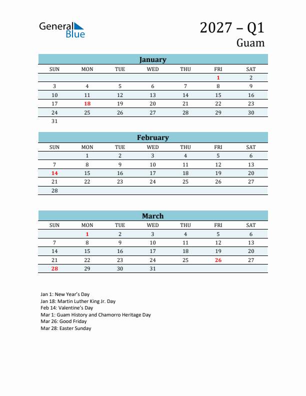 Three-Month Planner for Q1 2027 with Holidays - Guam