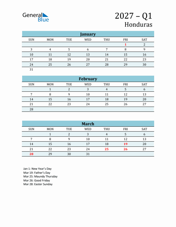 Three-Month Planner for Q1 2027 with Holidays - Honduras