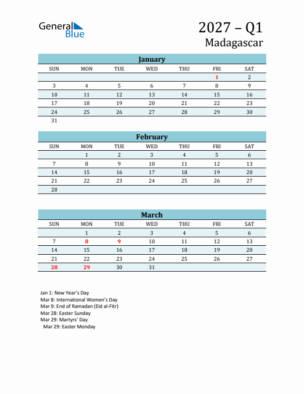 Three-Month Planner for Q1 2027 with Holidays - Madagascar