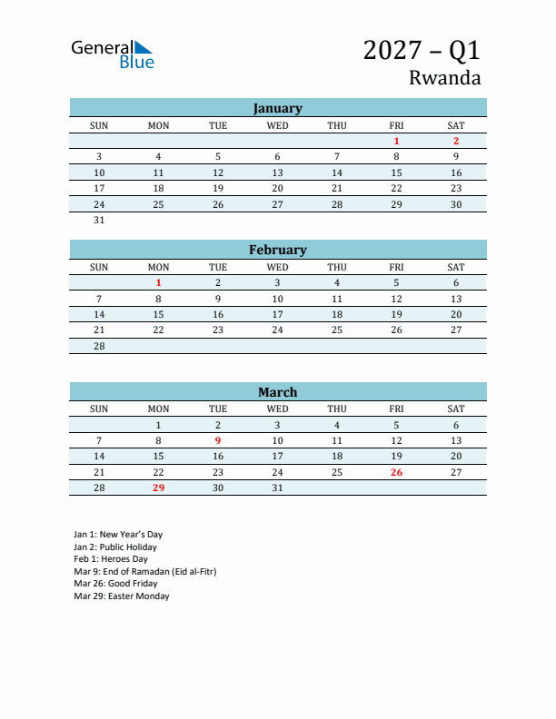 Three-Month Planner for Q1 2027 with Holidays - Rwanda