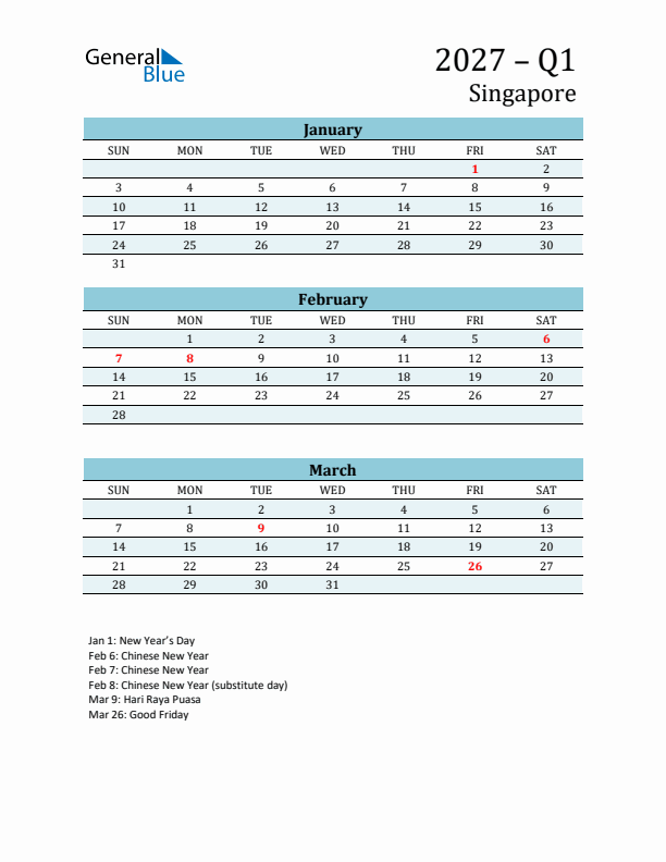 Three-Month Planner for Q1 2027 with Holidays - Singapore