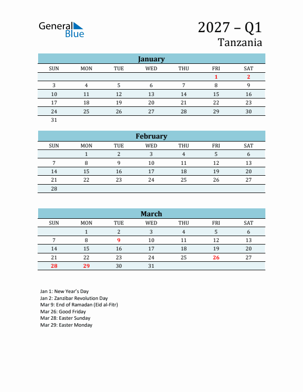 Three-Month Planner for Q1 2027 with Holidays - Tanzania