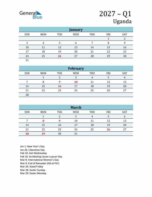 Three-Month Planner for Q1 2027 with Holidays - Uganda