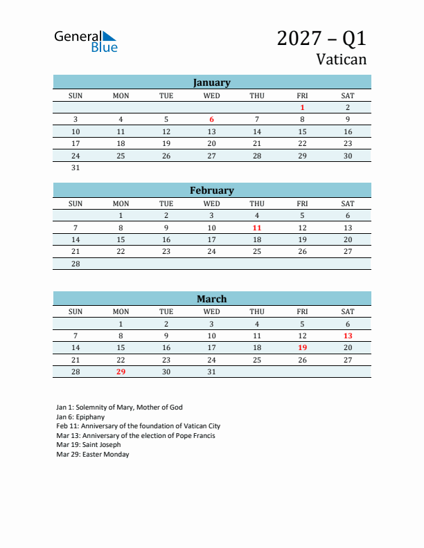 Three-Month Planner for Q1 2027 with Holidays - Vatican