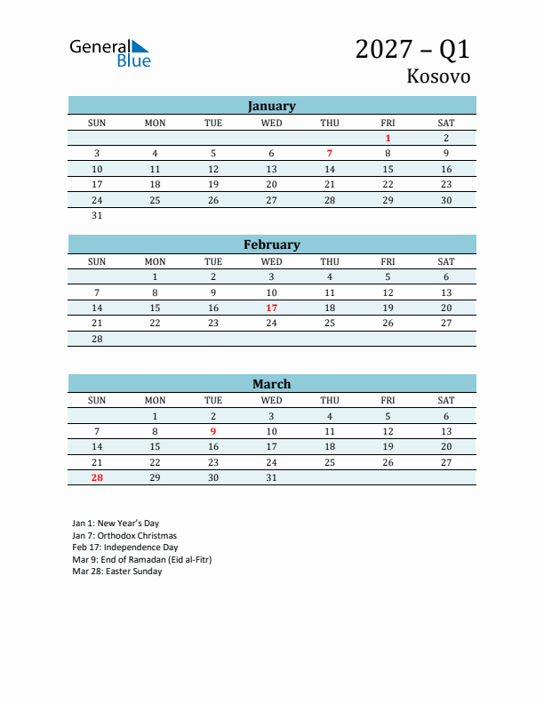 Three-Month Planner for Q1 2027 with Holidays - Kosovo