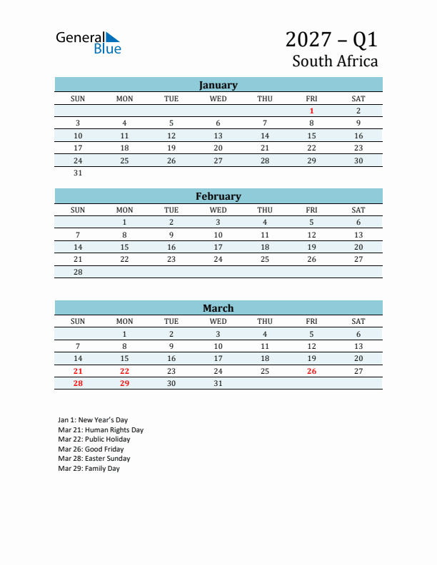 Three-Month Planner for Q1 2027 with Holidays - South Africa