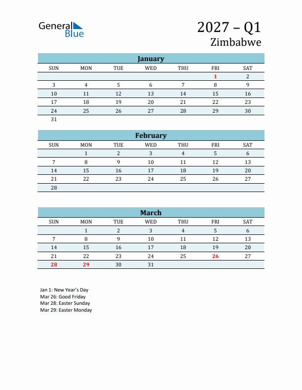 Three-Month Planner for Q1 2027 with Holidays - Zimbabwe