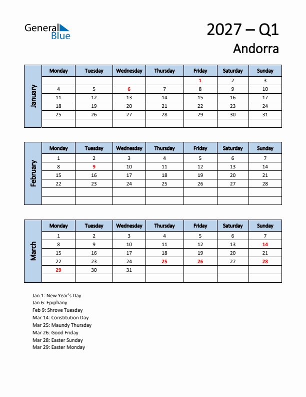 Free Q1 2027 Calendar for Andorra - Monday Start