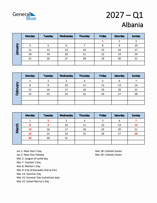 Free Q1 2027 Calendar for Albania - Monday Start