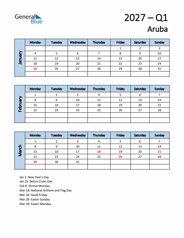Free Q1 2027 Calendar for Aruba - Monday Start
