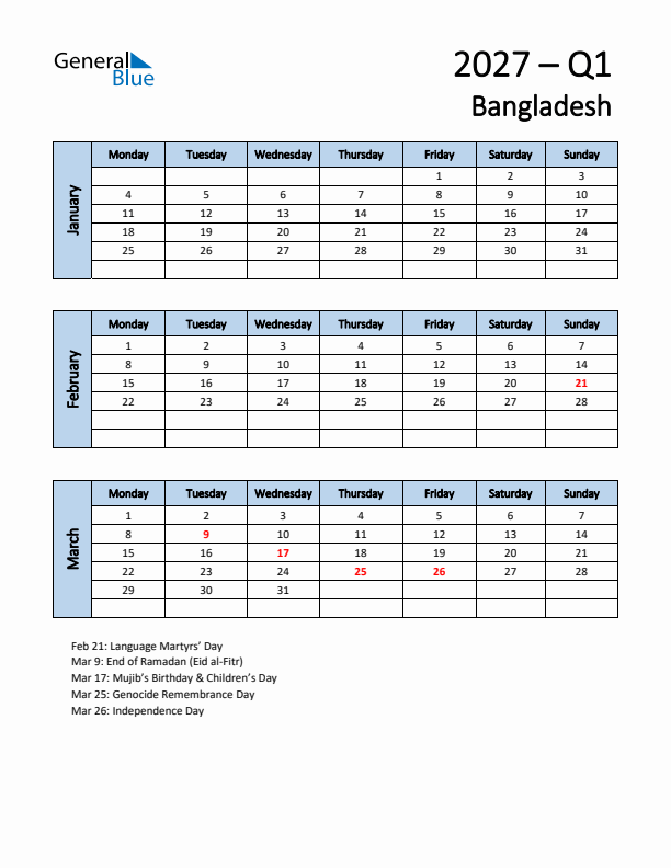 Free Q1 2027 Calendar for Bangladesh - Monday Start