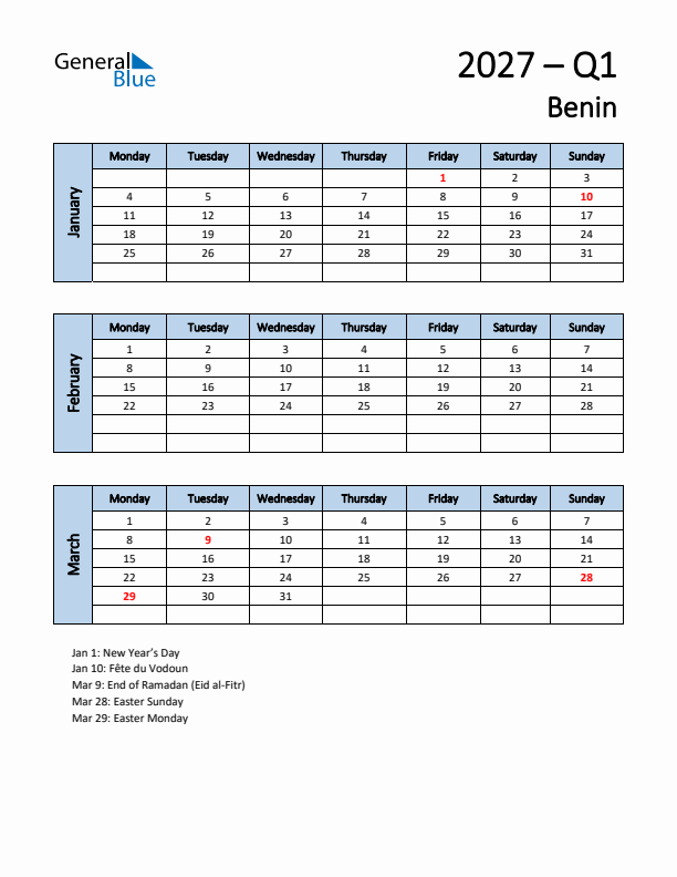 Free Q1 2027 Calendar for Benin - Monday Start