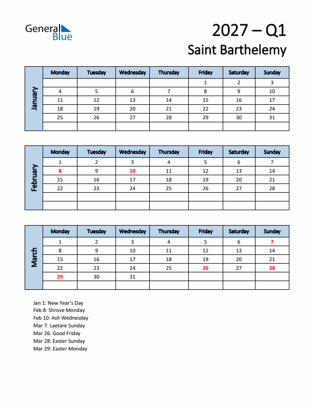 Free Q1 2027 Calendar for Saint Barthelemy - Monday Start