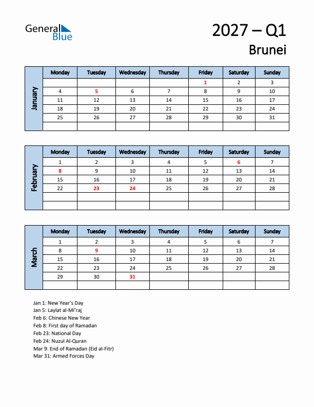 Free Q1 2027 Calendar for Brunei - Monday Start