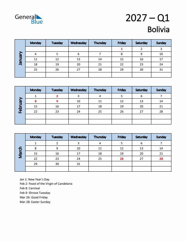 Free Q1 2027 Calendar for Bolivia - Monday Start
