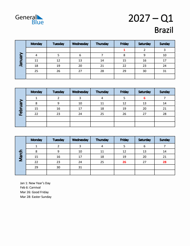Free Q1 2027 Calendar for Brazil - Monday Start