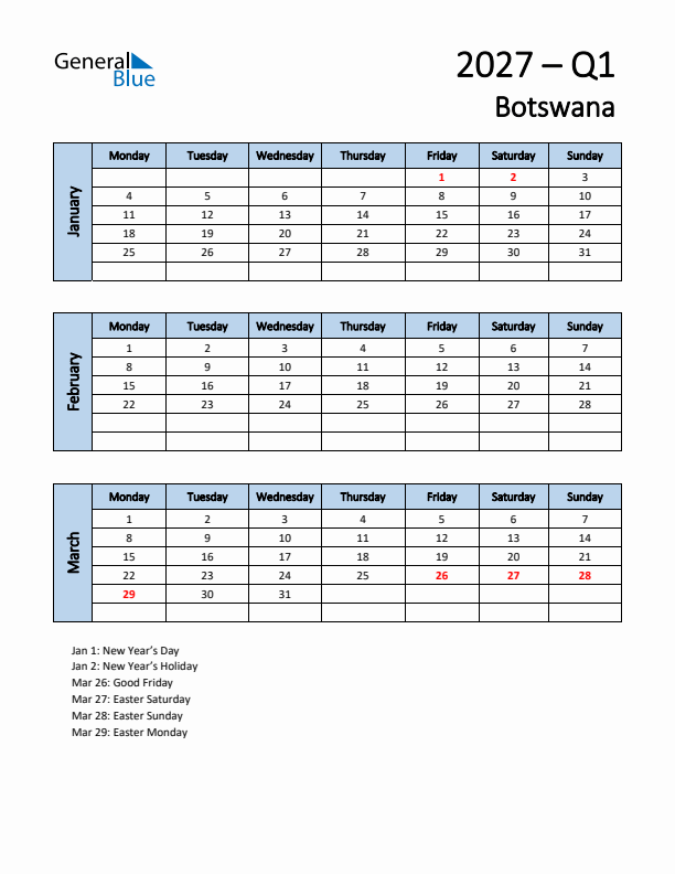 Free Q1 2027 Calendar for Botswana - Monday Start