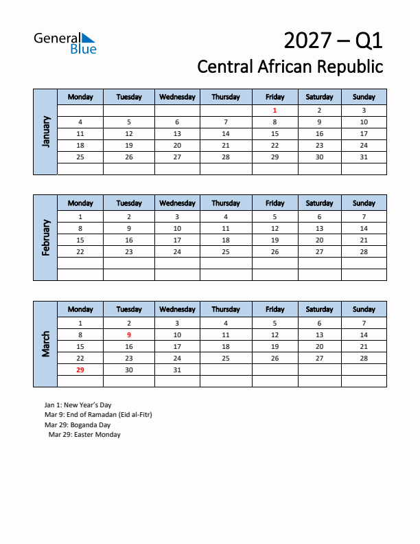 Free Q1 2027 Calendar for Central African Republic - Monday Start