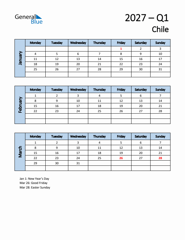 Free Q1 2027 Calendar for Chile - Monday Start