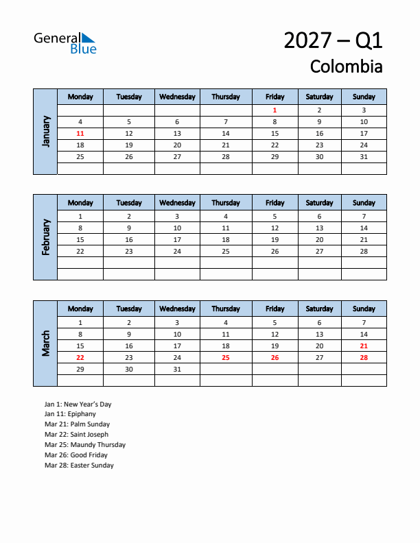 Free Q1 2027 Calendar for Colombia - Monday Start