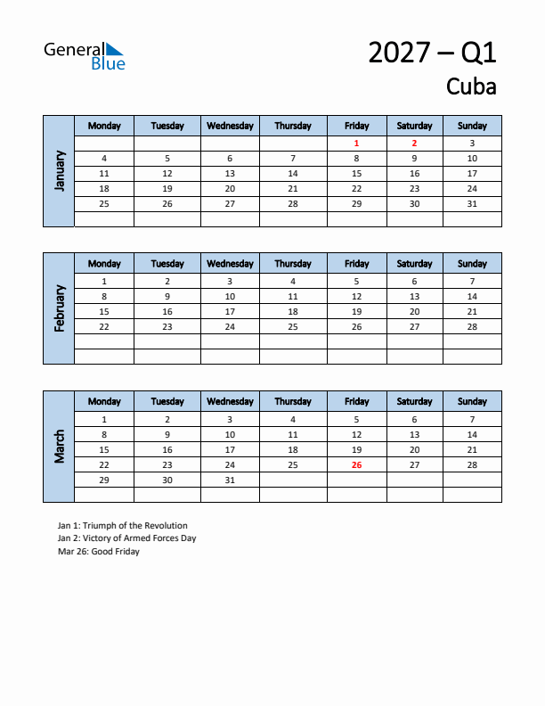 Free Q1 2027 Calendar for Cuba - Monday Start