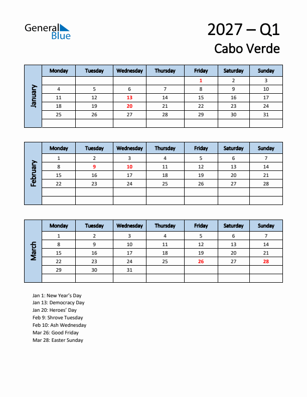 Free Q1 2027 Calendar for Cabo Verde - Monday Start