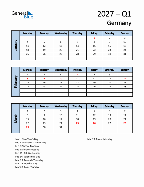 Free Q1 2027 Calendar for Germany - Monday Start