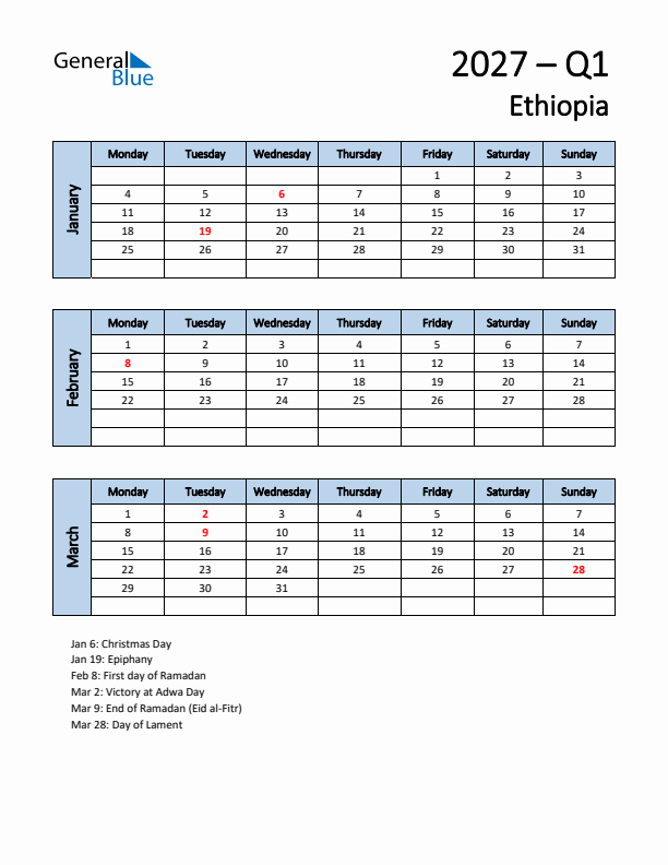 Free Q1 2027 Calendar for Ethiopia - Monday Start