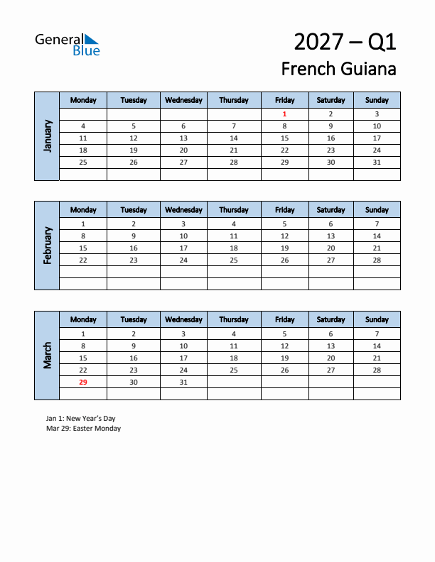 Free Q1 2027 Calendar for French Guiana - Monday Start